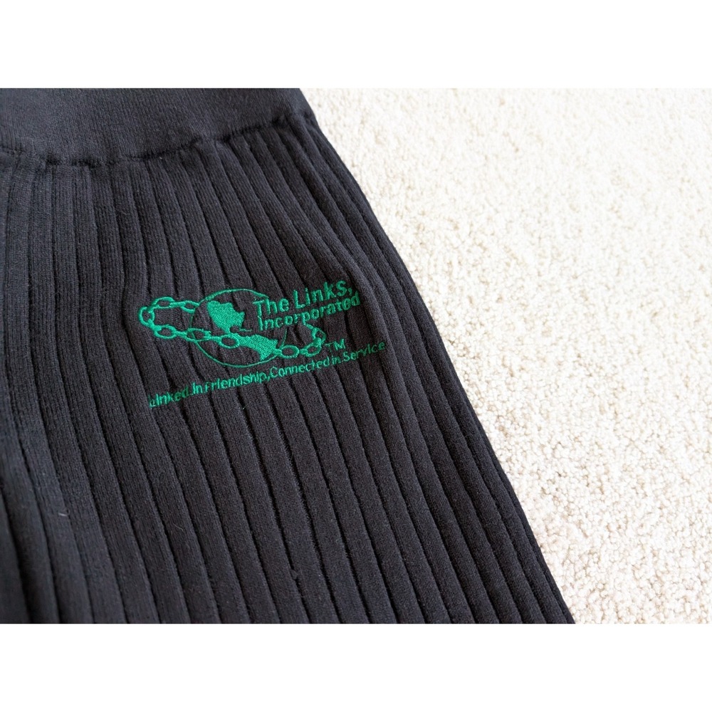 The Links Incorporated Black Ribbed Knit Sweatpants XL Green Trim Flare Pants - Picture 2 of 7